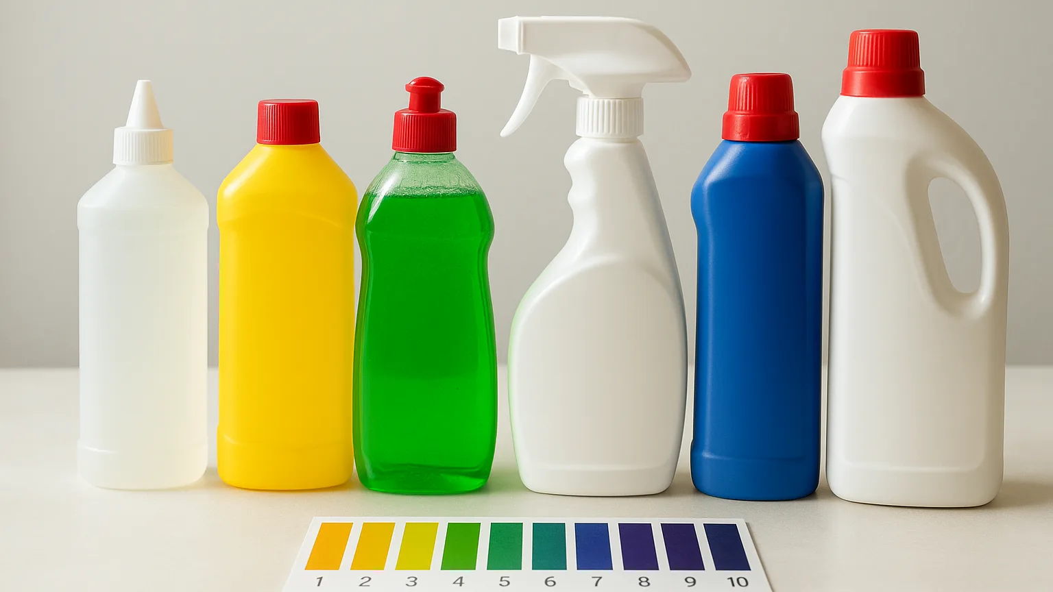 Array of cleaning product bottles and containers arranged in order of pH strength, displayed alongside a pH test strip or color-coded reference chart.