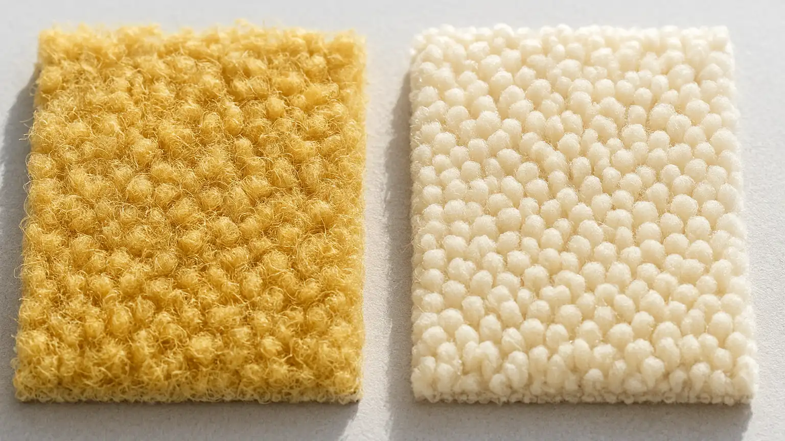 Side-by-side carpet samples showing yellowed, stiffened fibers from alkaline damage compared to clean, soft fibers treated with pH-balanced cleaner.