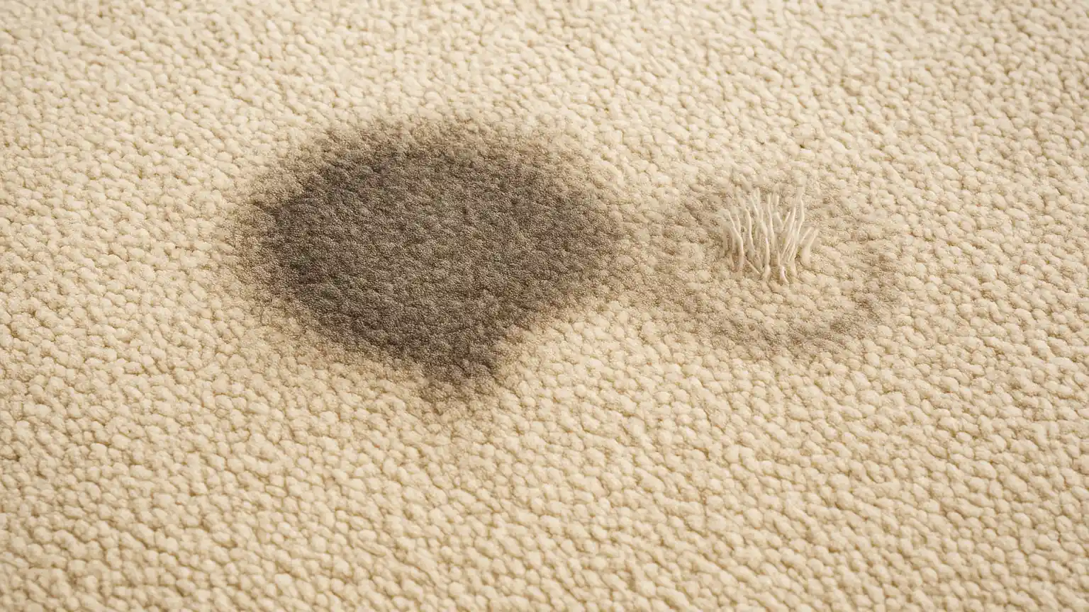 Carpet section displaying multiple problem indicators: darkened cleaned area, stiff fibers standing unnaturally upright, and a gray halo ring expanding beyond the original spot.