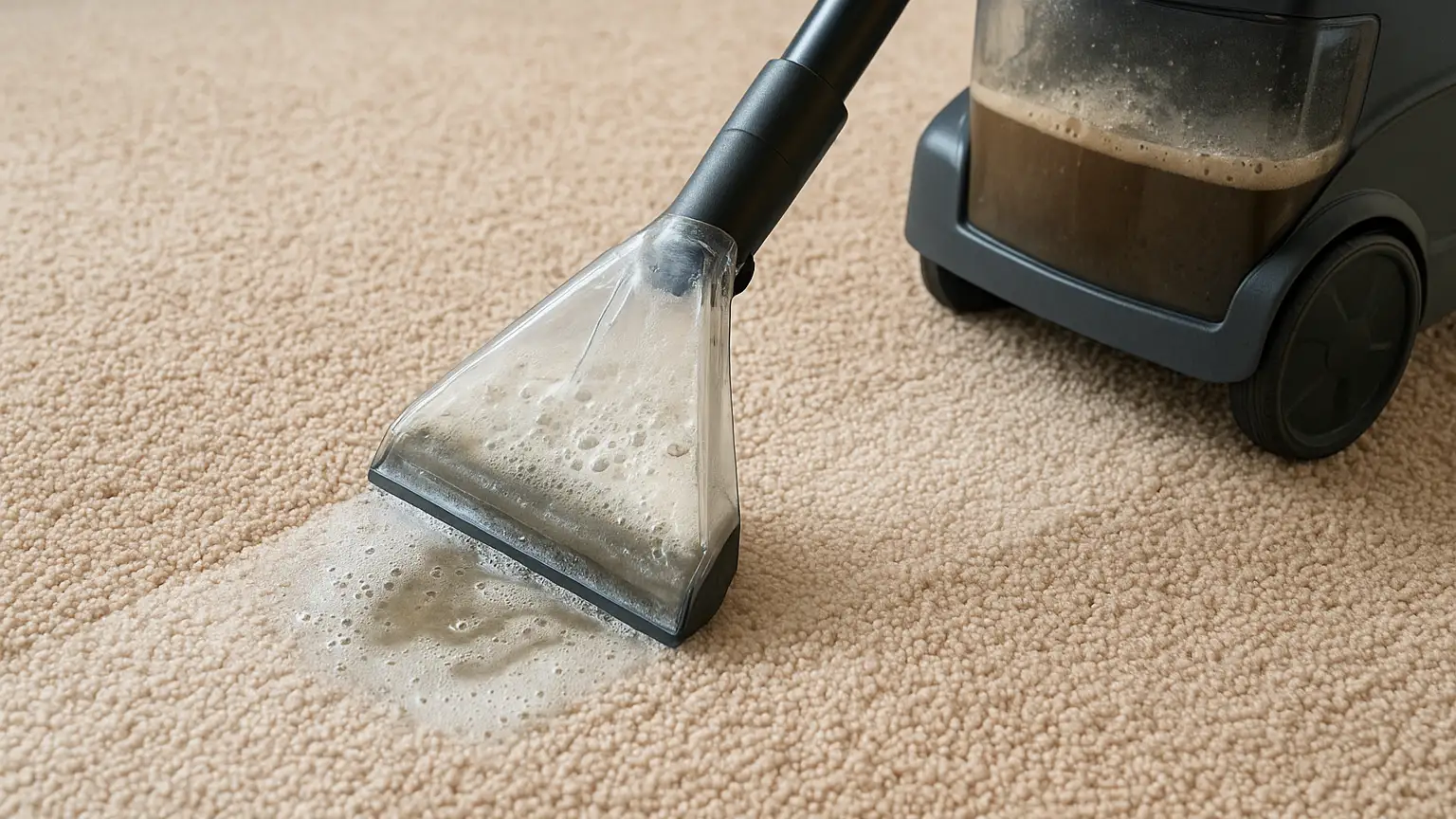 Professional carpet cleaning equipment extracting soapy water from treated carpet fibers, with dirty solution visible in collection tank and clean carpet emerging.