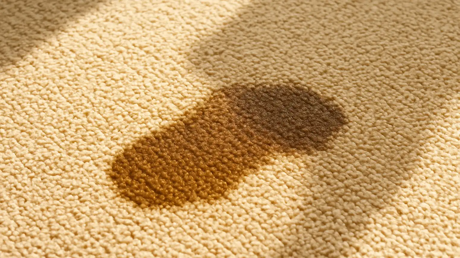 Sunlit carpet section showing a fresh liquid spill darkening and contracting as it dries into the fibers under bright window light and warm floor conditions.