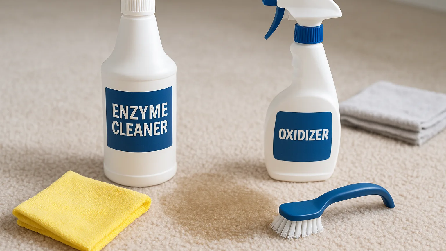 Enzyme cleaner bottle and oxidizer spray bottle positioned next to a treated carpet stain, with cleaning tools and absorbent cloths on the wet treated area.