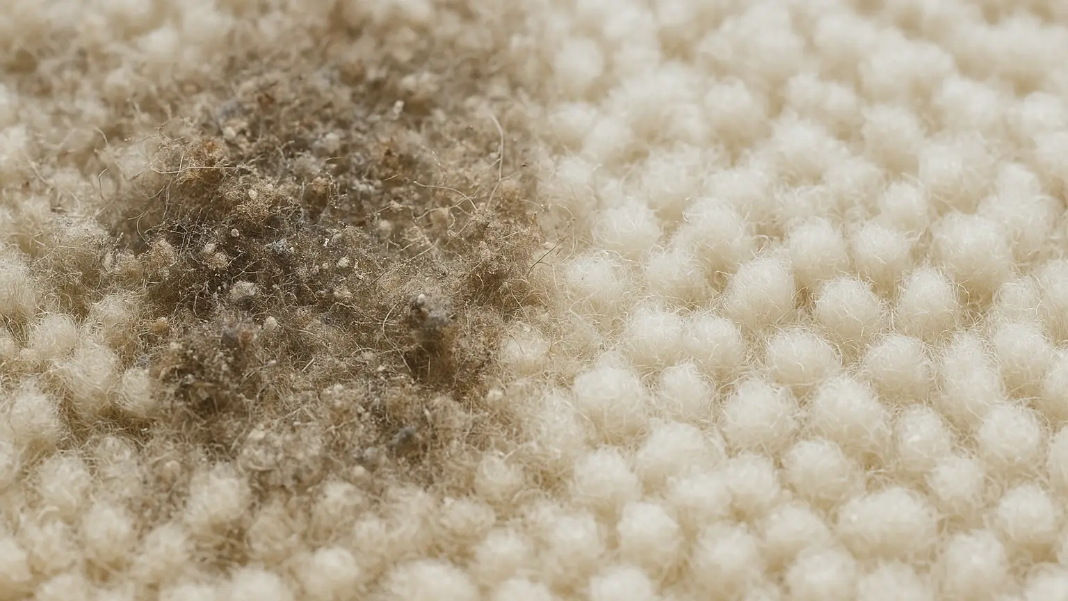Magnified carpet fibers with visible dust particles clinging to tacky residue layer, contrasting clean fibers beside them in same room.