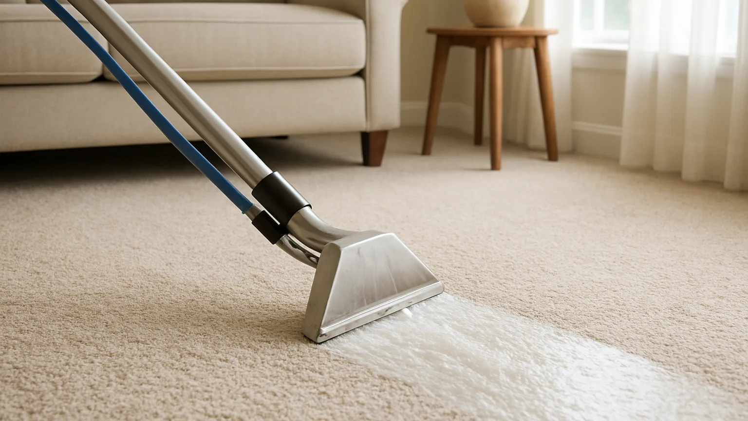 Professional extraction equipment actively rinsing carpet in living room, with clear water being removed and carpet visibly brightening during cleaning process.