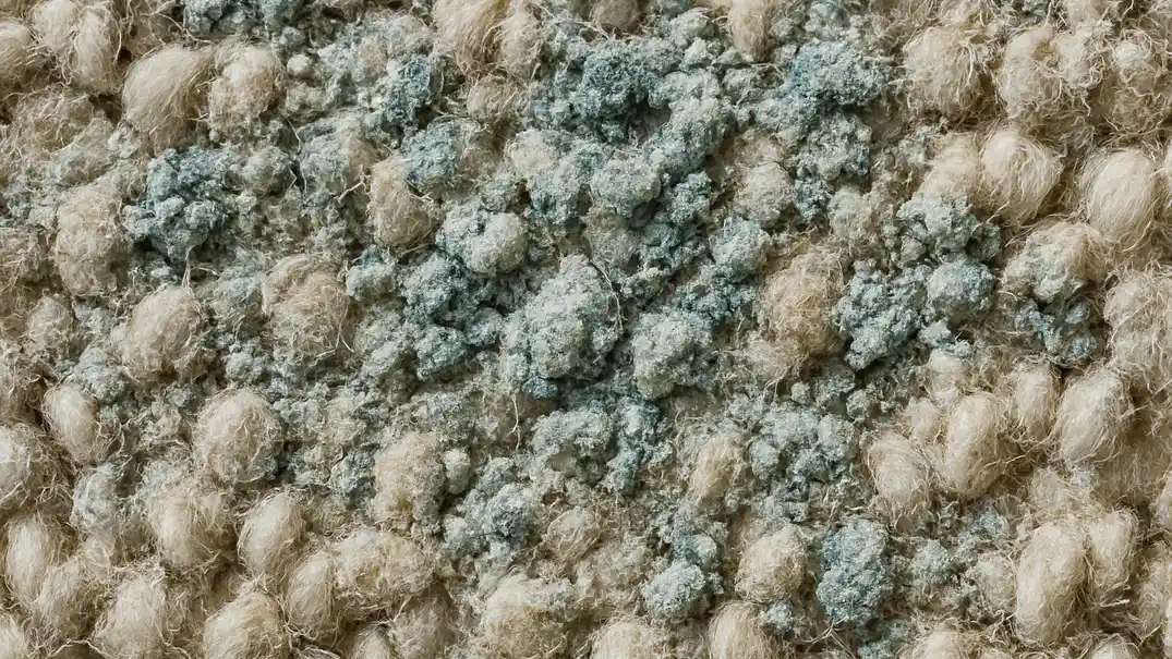 Mineral deposits and residue visible on carpet fibers under magnification or close-up, illustrating the layered chemical problems explained throughout the series.