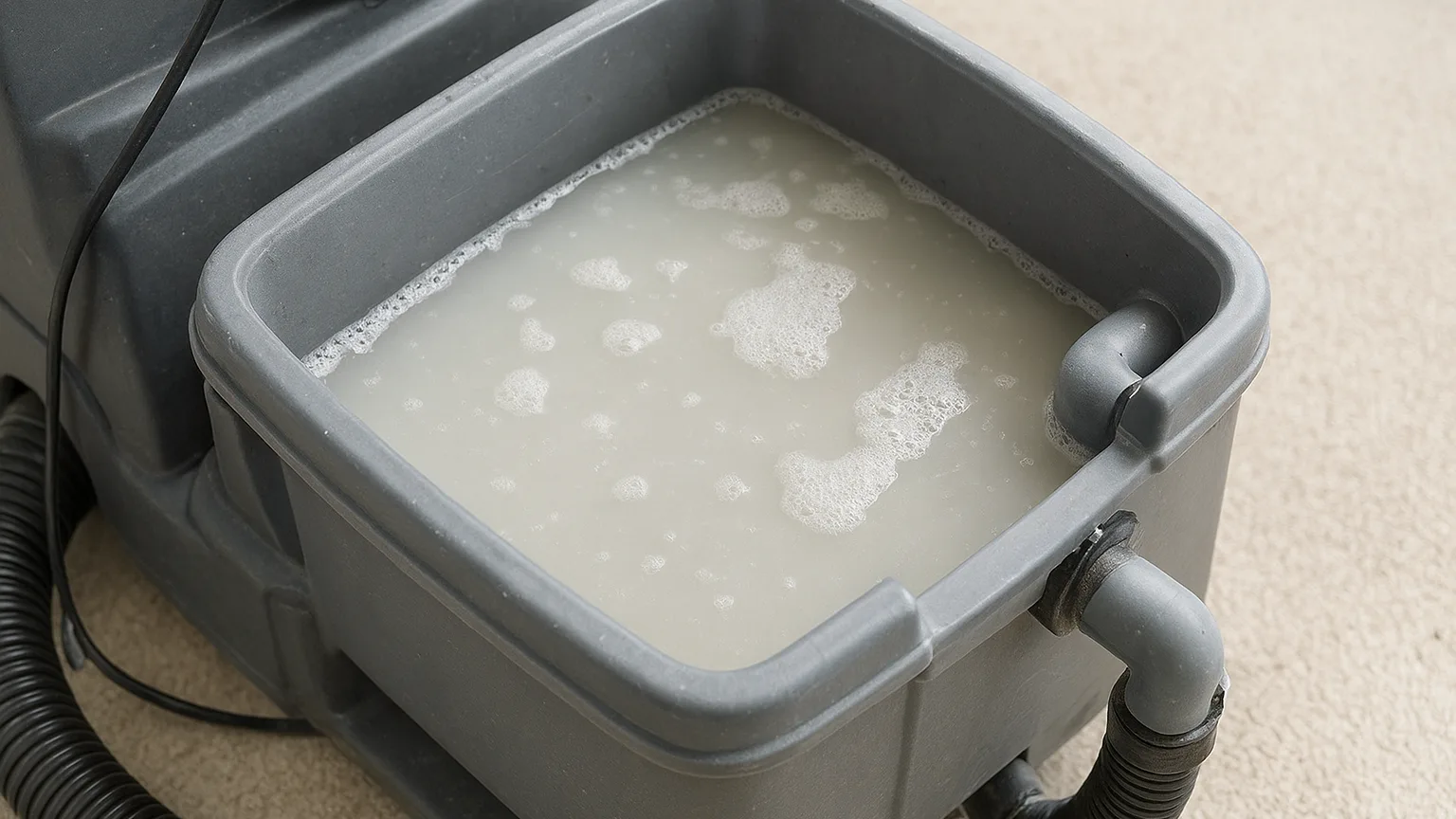 A carpet cleaning machine's rinse tank filled with cloudy water extracted from carpet, demonstrating the removal of cleaning residue and minerals left behind.